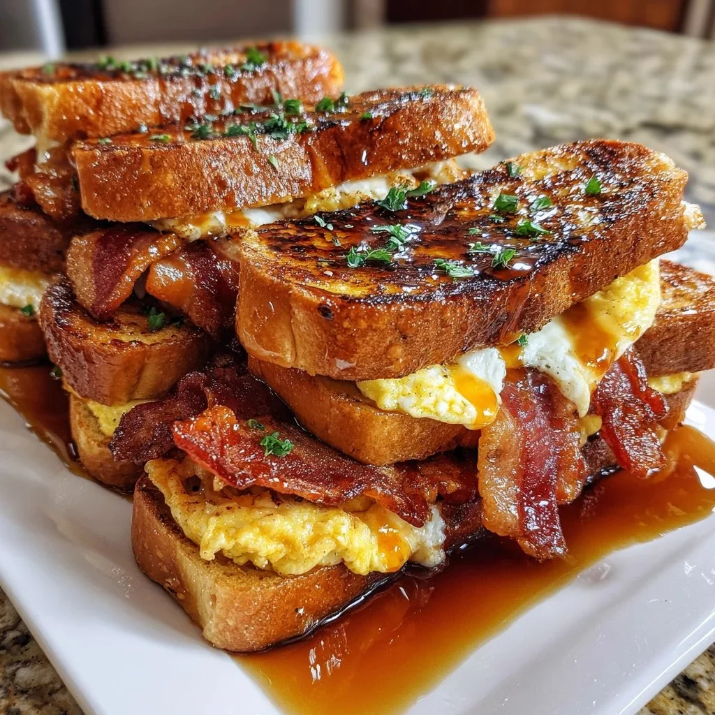 Bourbon Maple Bacon Stuffed Toast topped with syrup and crispy bacon