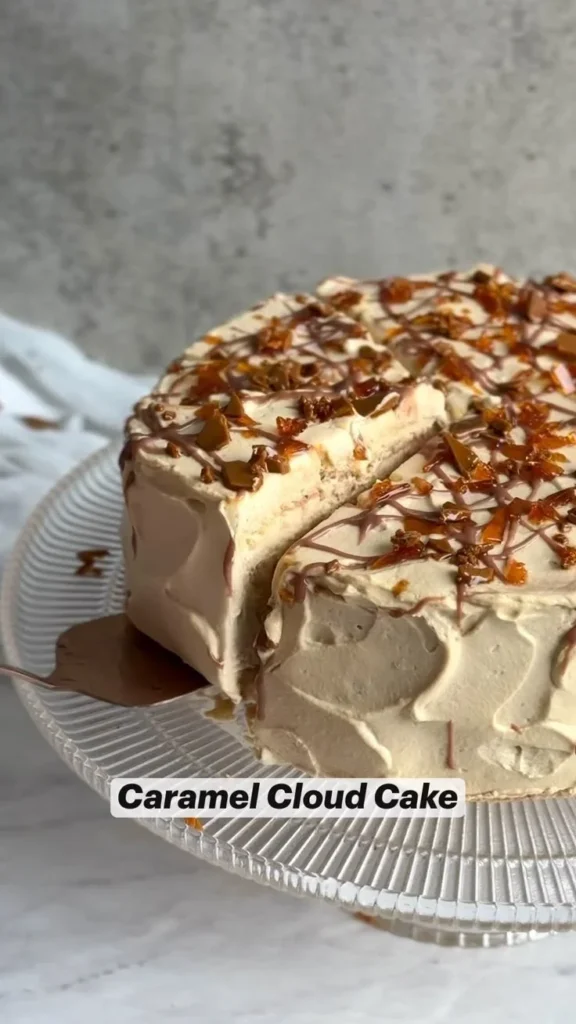 Deliciously moist caramel cake topped with rich caramel sauce