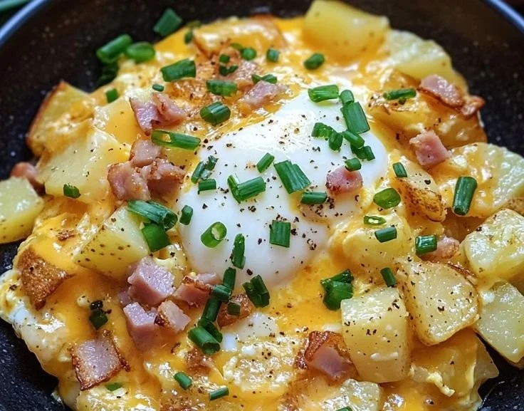 Delicious cheesy potato egg scramble with fresh herbs and melted cheese