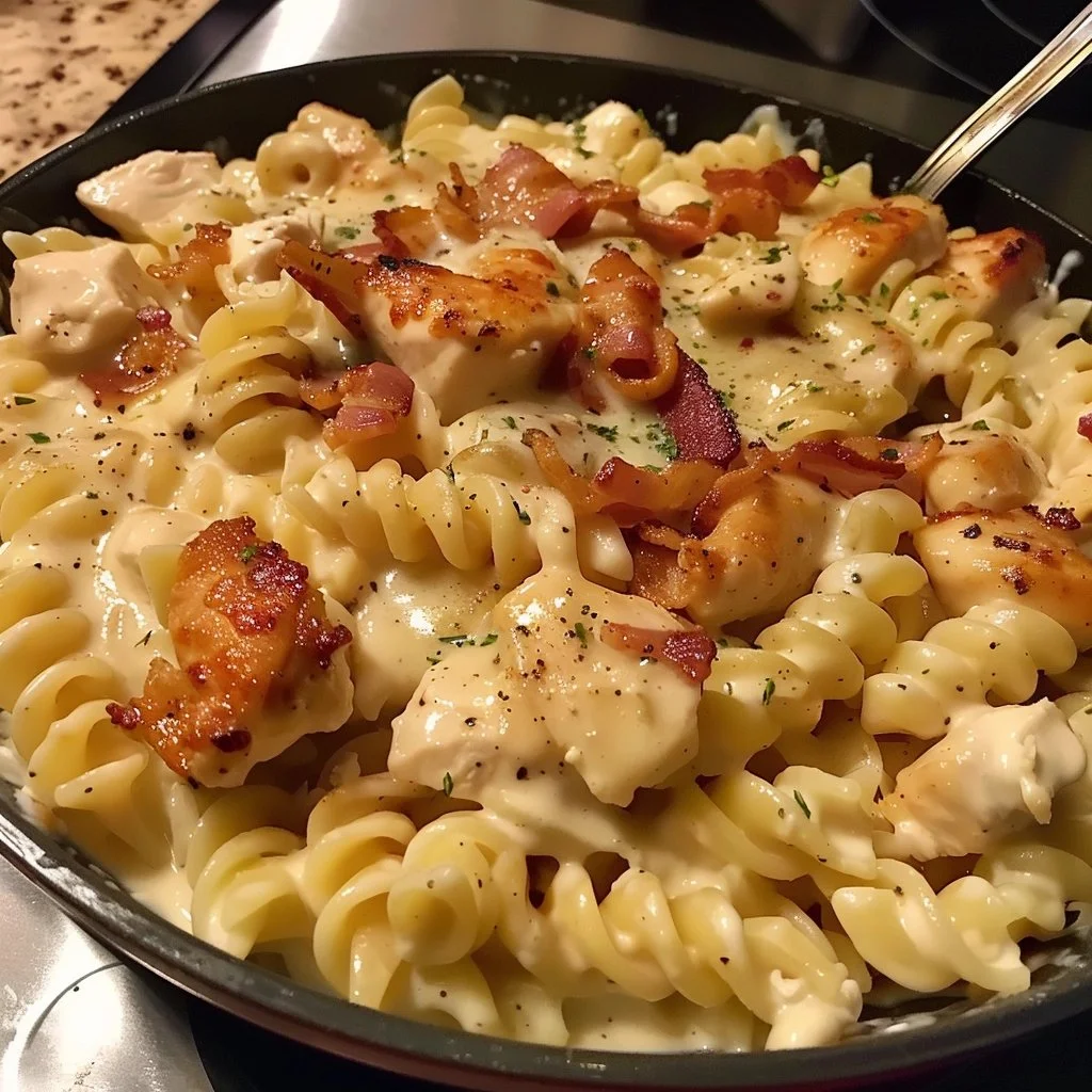 Delicious Chicken Bacon Ranch Pasta with bacon and creamy sauce