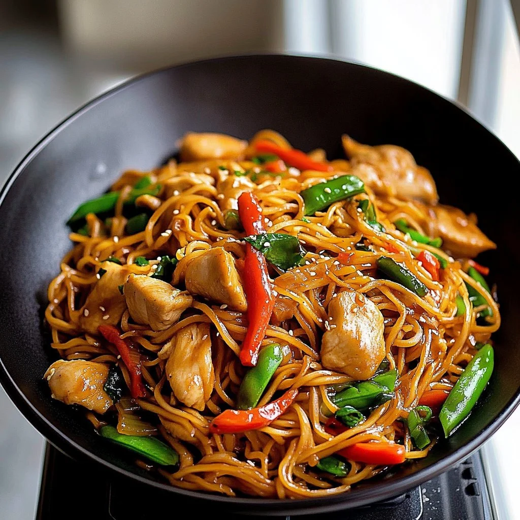 Homemade Chicken Lo Mein served in a bowl with colorful vegetables