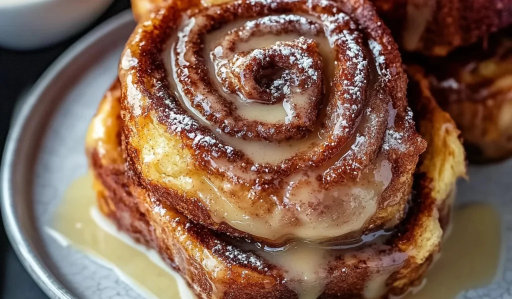 Cinnamon roll French toast topped with icing and fresh fruit on a breakfast plate.