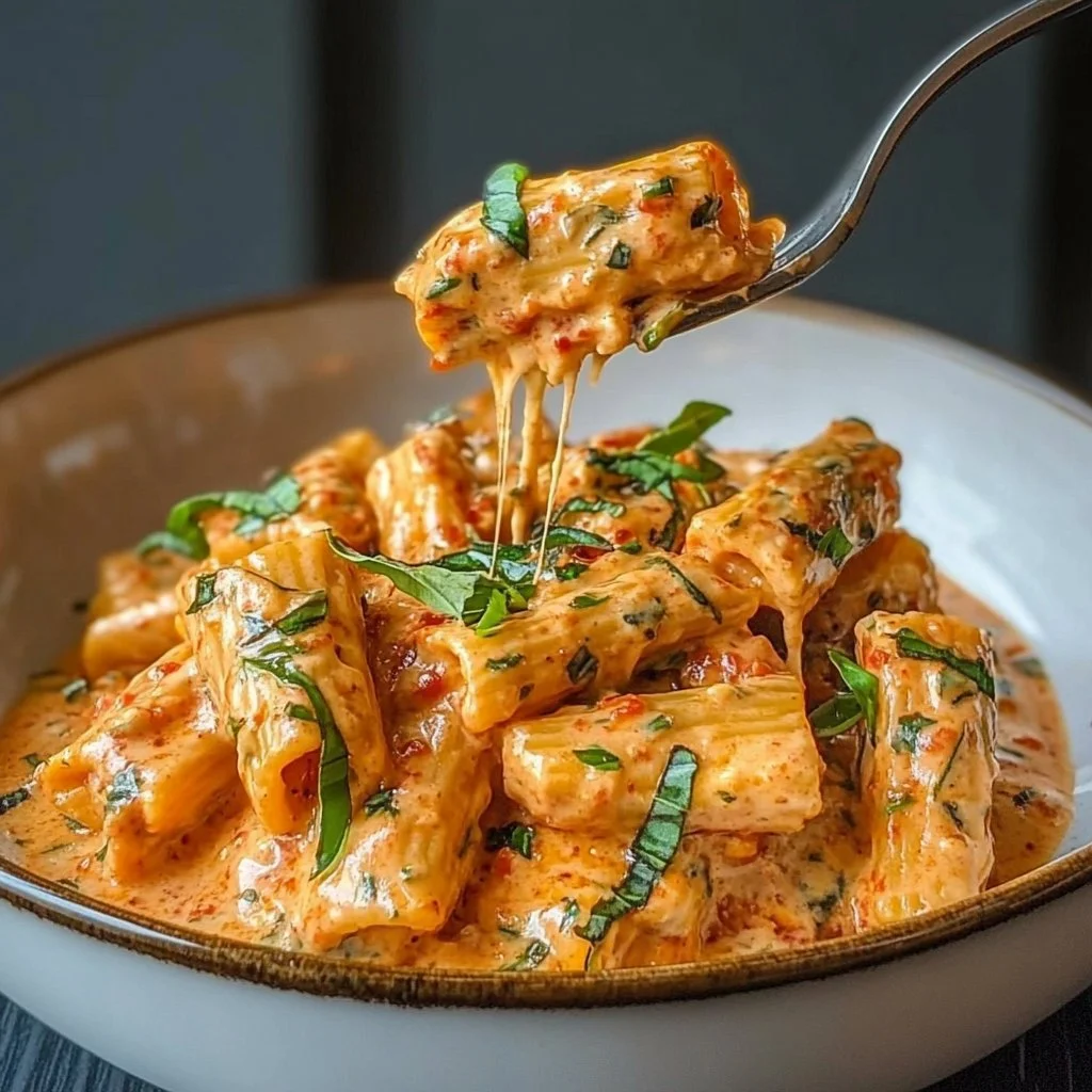 Bowl of creamy tomato garlic pasta with fresh herbs and parmesan cheese