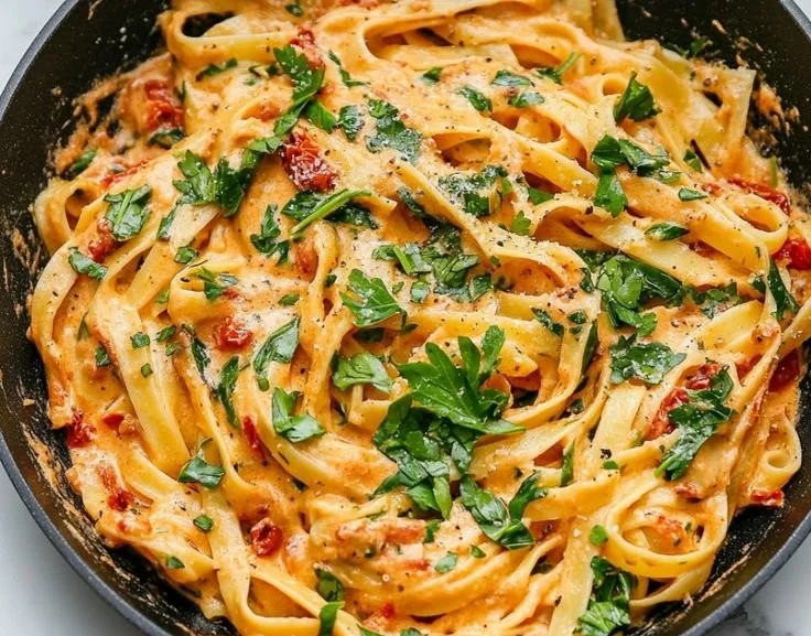 Delicious creamy vegan sun-dried tomato pasta served in a bowl