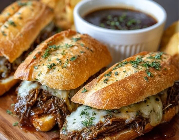 Crockpot French dip sandwiches served with au jus for dipping
