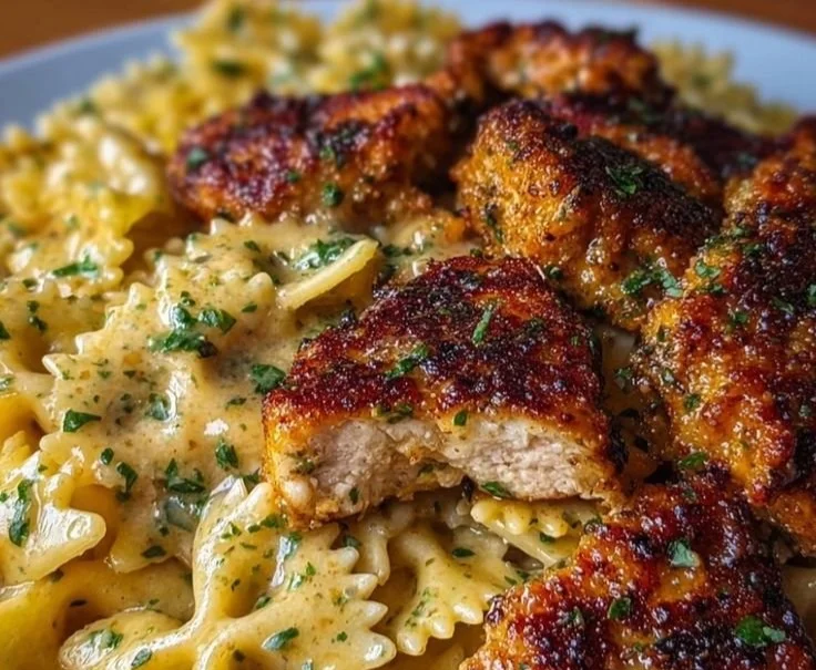 Delicious garlic butter chicken served with bowtie pasta for a tasty dinner