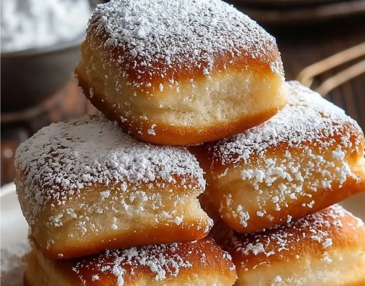 Delicious vanilla beignets dusted with powdered sugar on a white plate