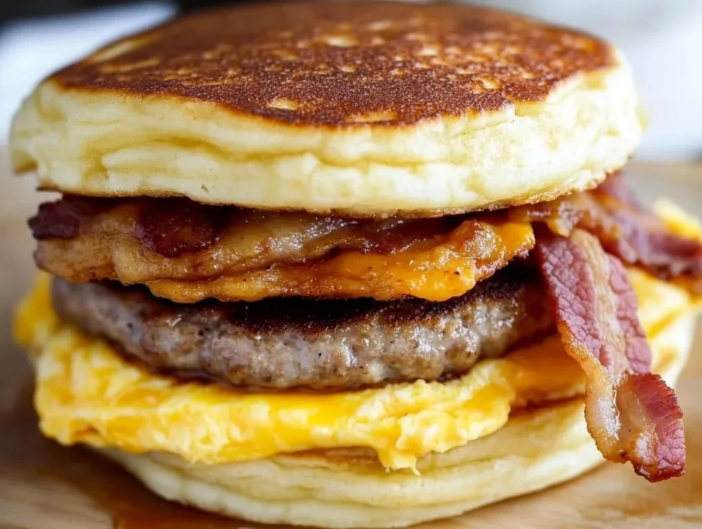 Homemade McGriddle breakfast sandwich with pancakes, sausage, and cheese.