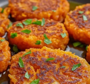 Plate of healthy sweet potato hash browns served with herbs and spices