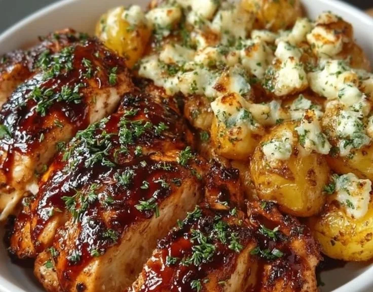 Delicious Honey BBQ Chicken served with garlic parmesan potatoes on a plate.