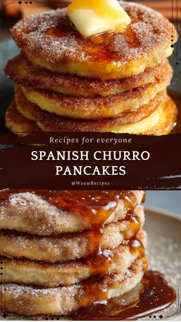 Delicious Spanish churro pancakes topped with cinnamon sugar and chocolate sauce