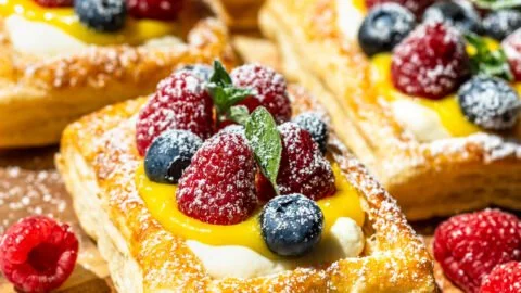 Homemade mascarpone puff pastry with a golden, flaky crust and creamy filling