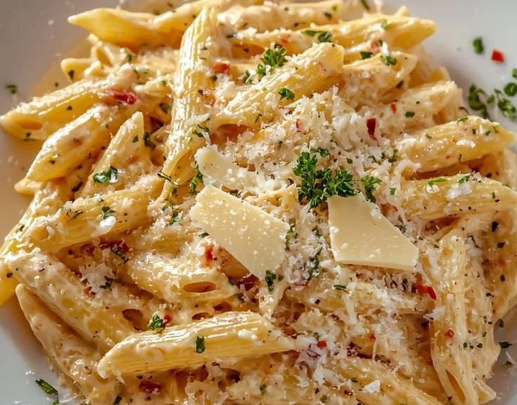 Delicious One Pot Creamy Garlic Pasta served in a bowl with herbs on top