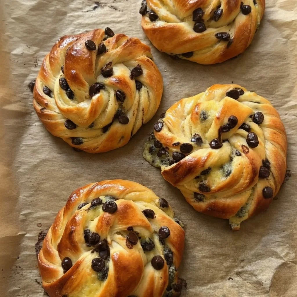 Rolled Brioche with creamy vanilla filling and chocolate chips
