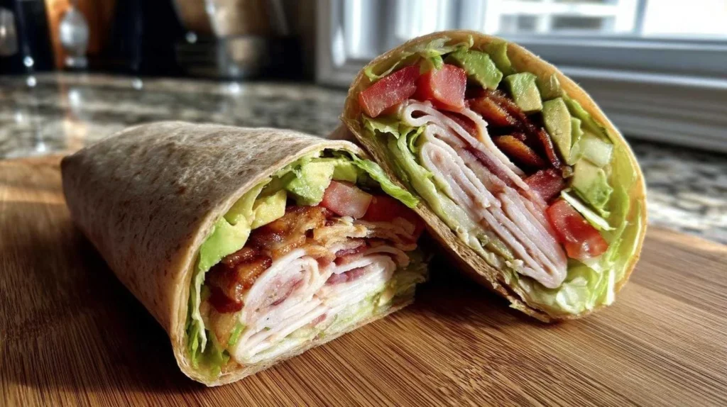Delicious Turkey Avocado Club Wrap with fresh ingredients for a tasty lunch.
