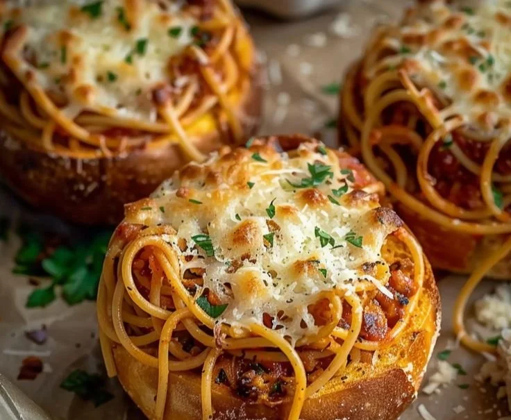 Spaghetti garlic bread bowls filled with spaghetti and topped with herbs.