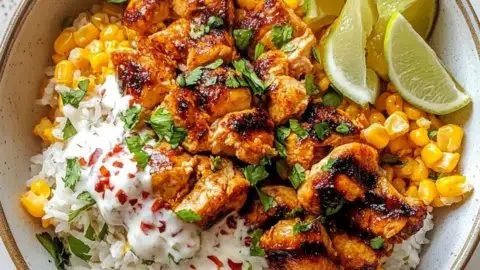 Delicious Street Corn Chicken Rice Bowl topped with fresh ingredients